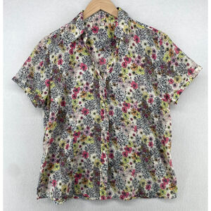 MARCO PECCI Top Womens 44 Floral Shirt Button Front Short Sleeve Pink Yellow